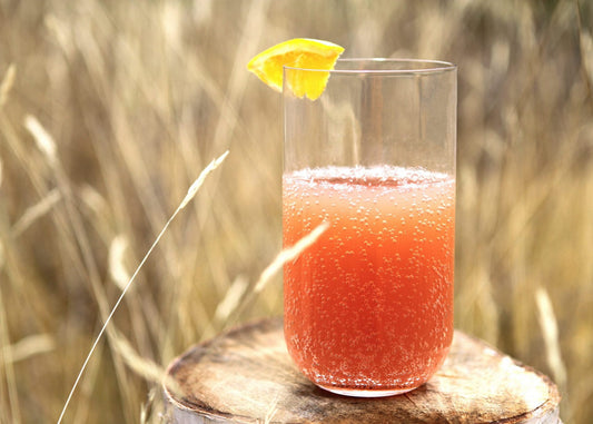 Carbonated water kefir in a glass on a log