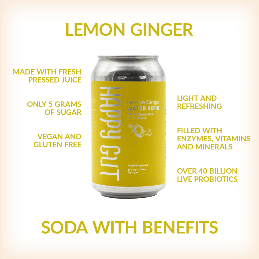 Lemon Ginger Canned Water Kefir - Happy Gut Pro